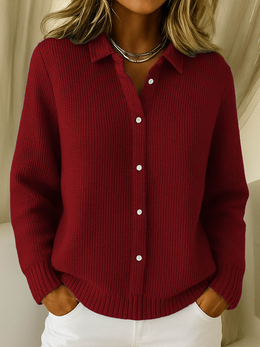 Collared Button Front Waffle Knit Long Sleeve Cardigan