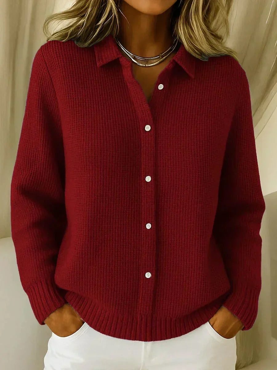 Waffle Knit Collared Long Sleeve Button Front Cardigan