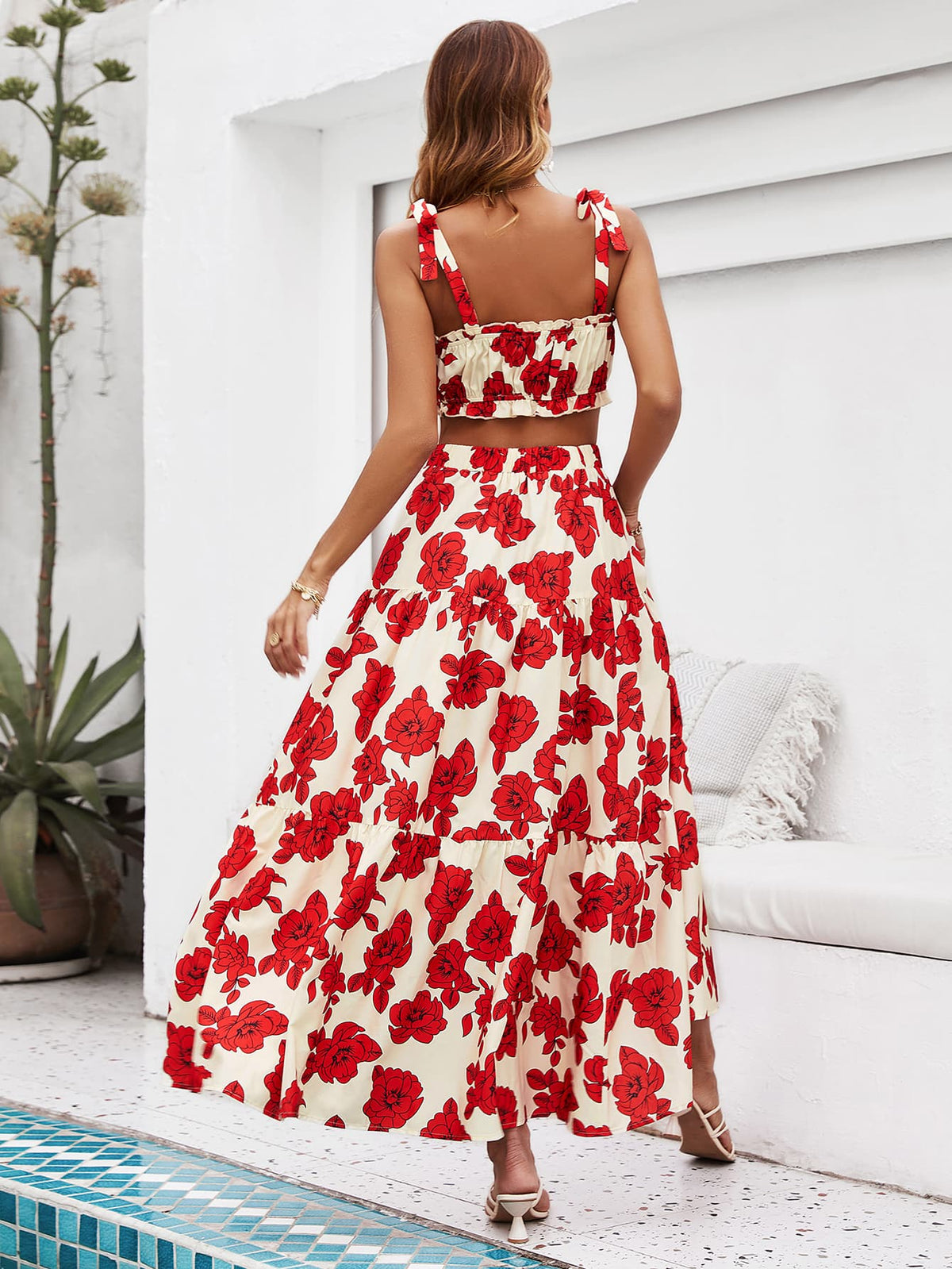 Floral Tie Shoulder Ruched Crop Top and Tiered Maxi Skirt Two Piece Set 2