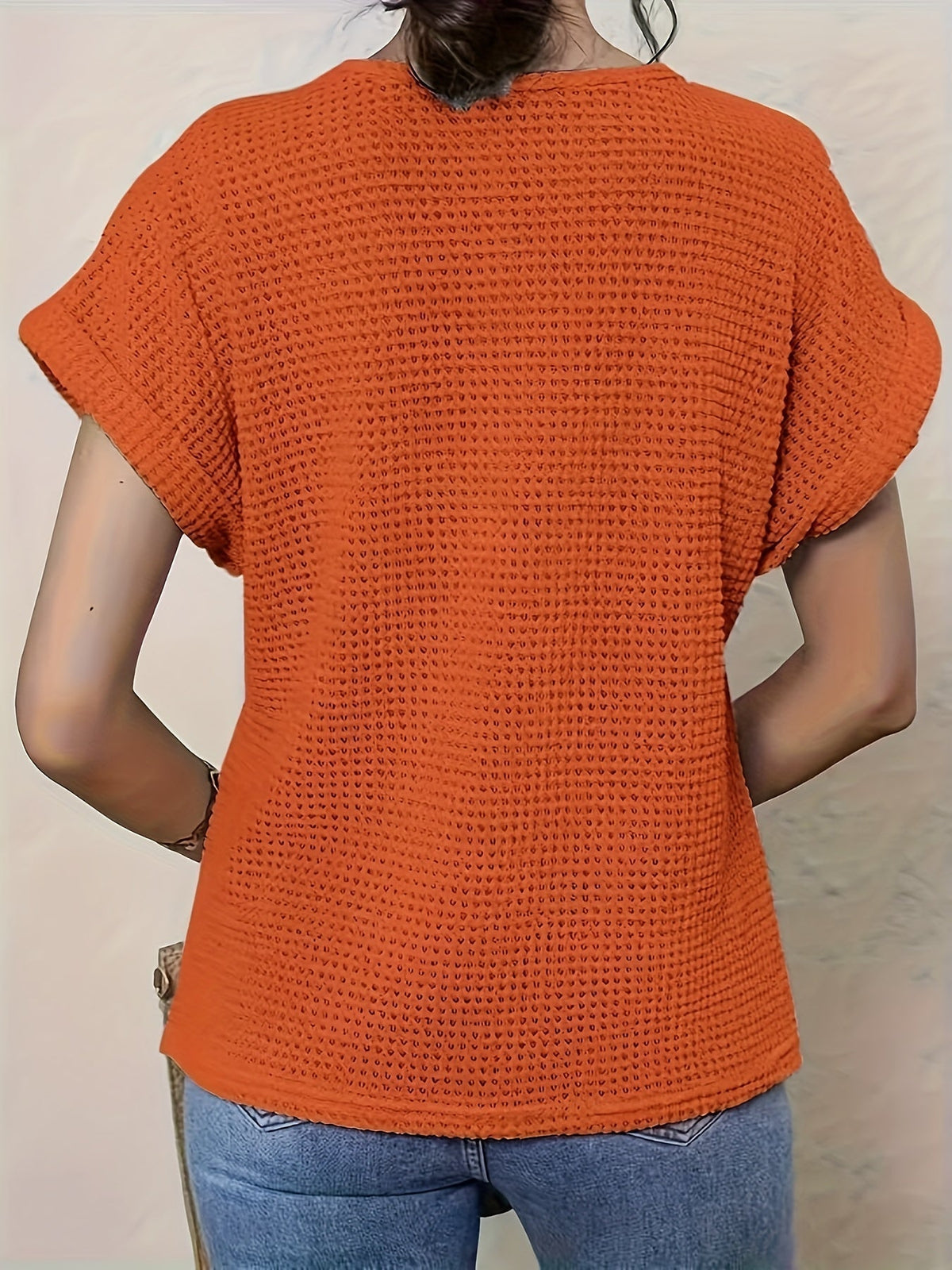 Crochet Lace Panel Round Neck Short Sleeve Waffle Knit Top