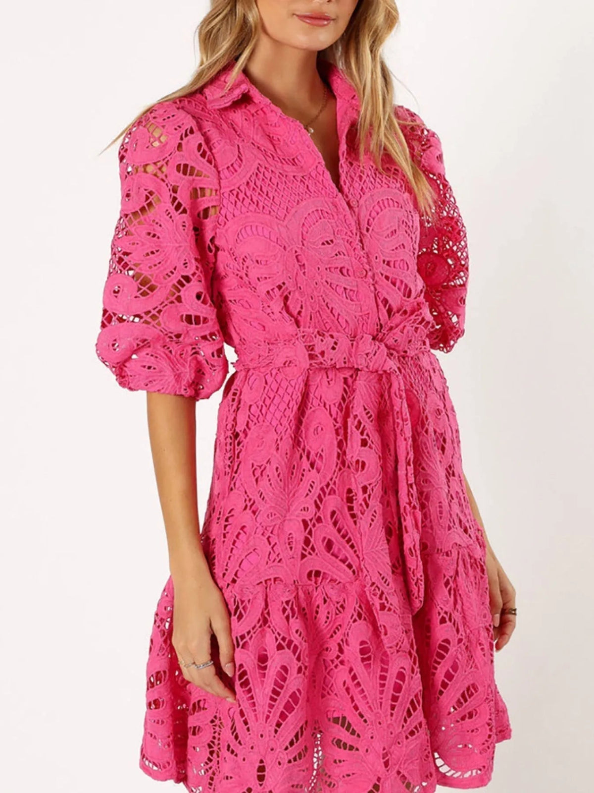 Crochet Lace Collared Button Front Half Sleeve Scalloped Hem Mini Dress 2