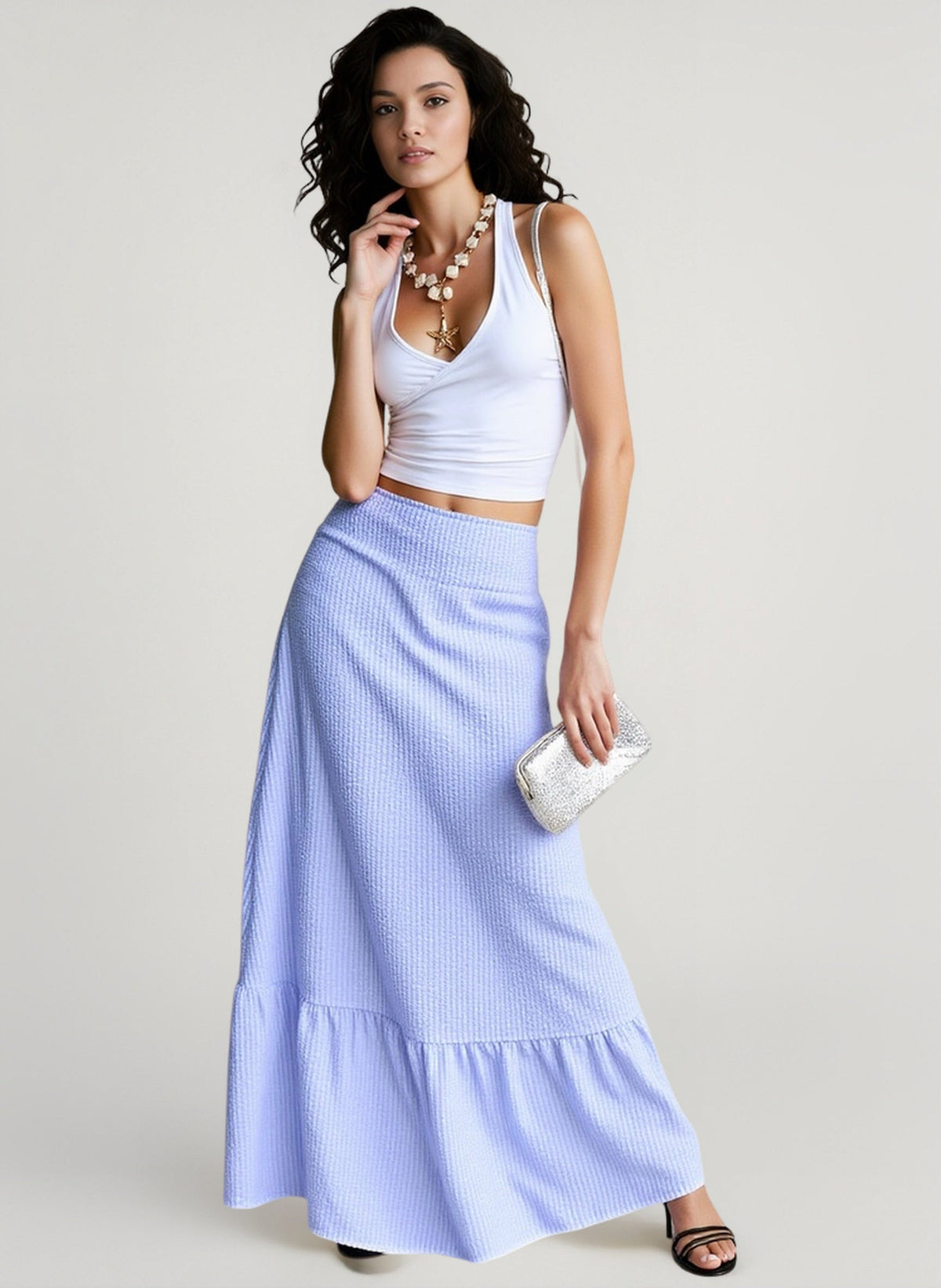 High Waist Textured Ruffle Hem A-Line Maxi Skirt 4