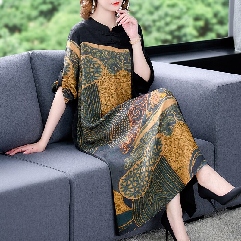 Patchwork Print Mandarin Collar Three-Quarter Sleeve Loose A-Line Midi Dress