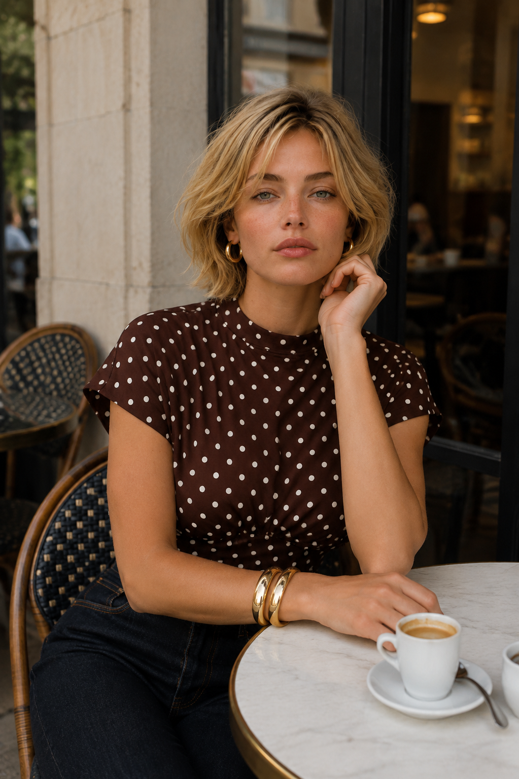 Polka Dot Waist Cinched Slim Crop Top