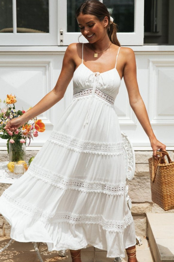 Spaghetti Strap Lace Trim Tiered A-Line Boho Midi Dress 5