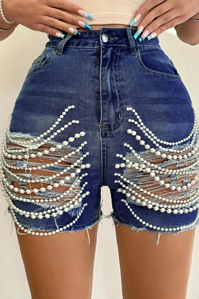 Embellished Distressed High Waist Shorts