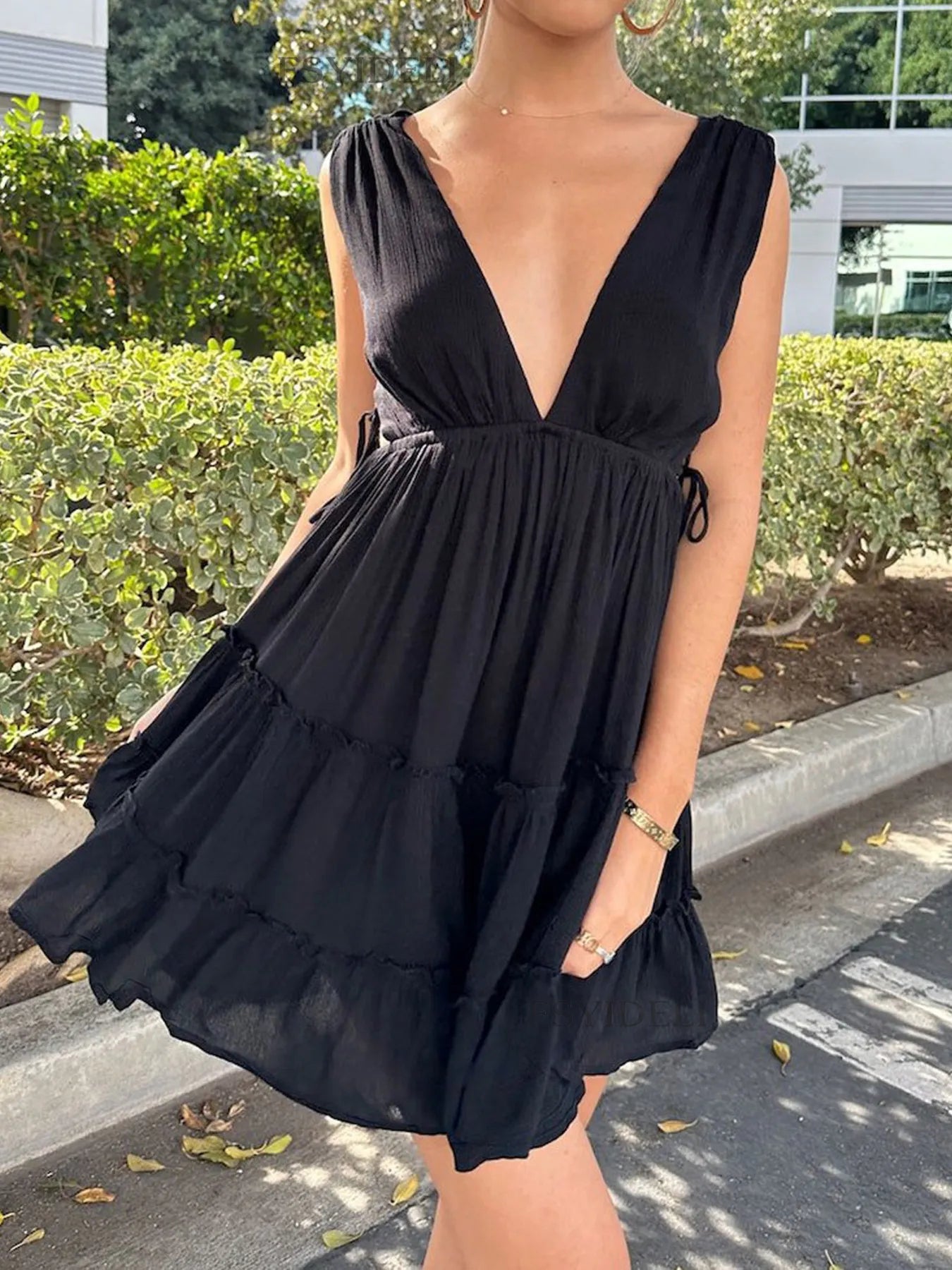 Deep V-Neck Tiered Mini Dress Black