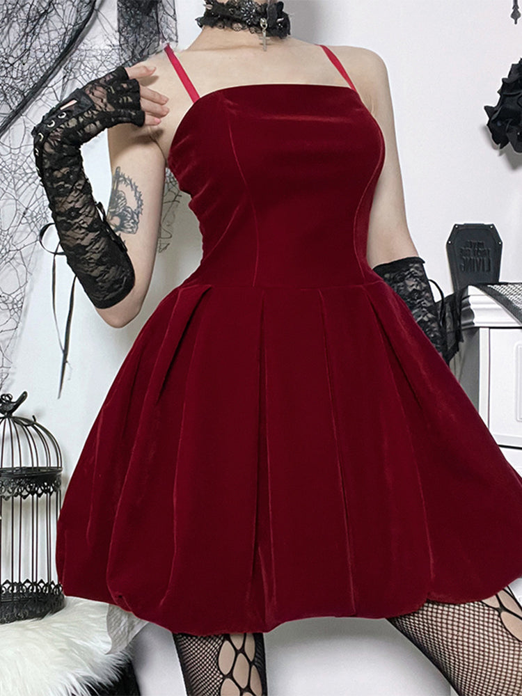 Velvet Spaghetti Strap Square Neck Bubble Hem Mini Dress