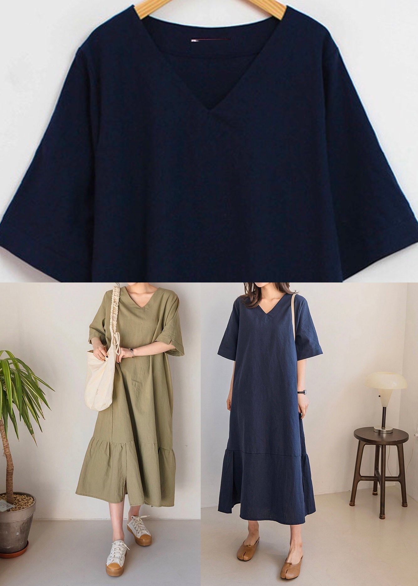 V-Neck Short Sleeve Side Slit Paneled Seam Loose Midi Dress