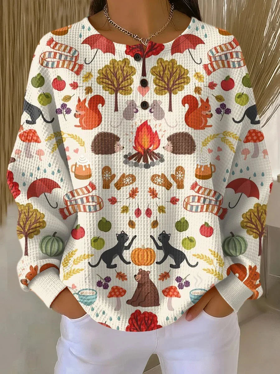 Maple Leaf Print Waffle Knit Button Henley Sweatshirt