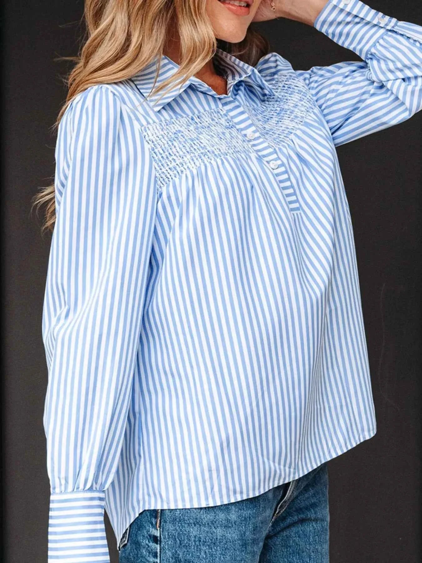 Striped Smocked Collared Neck Blouse