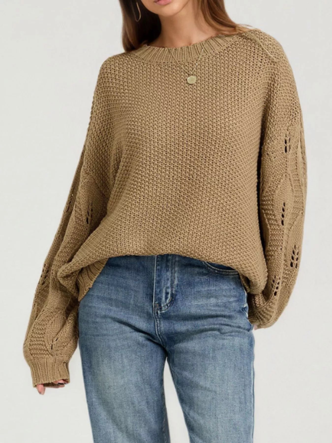 Textured Knit Openwork Dropped Shoulder Sweater