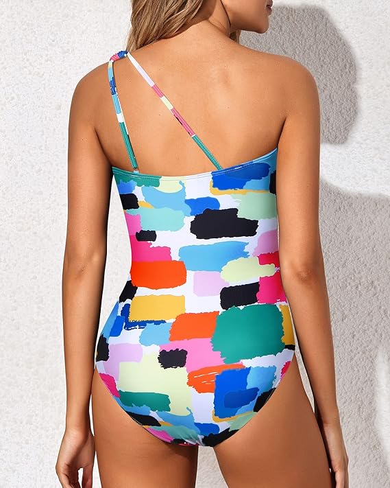 One Shoulder Ruched Tropical Print One Piece Swimsuit