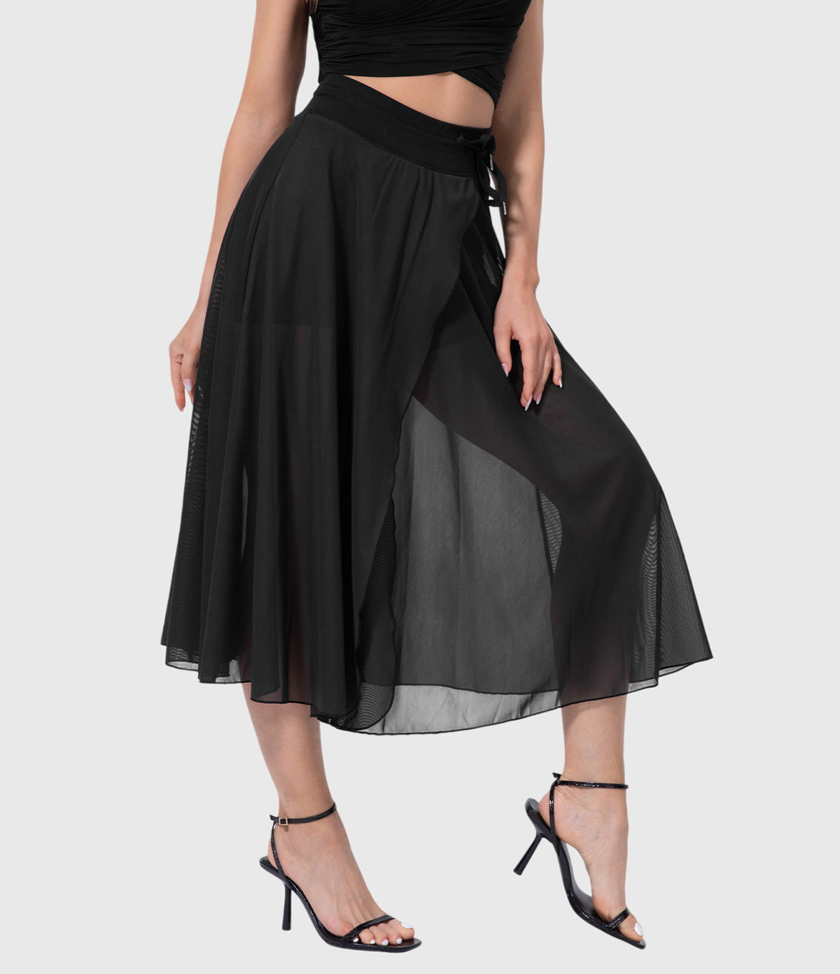 High Waist Drawstring Front Slit A-Line Midi Skirt
