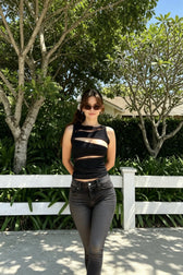 Hollow Out Denim O-neck Cami Top