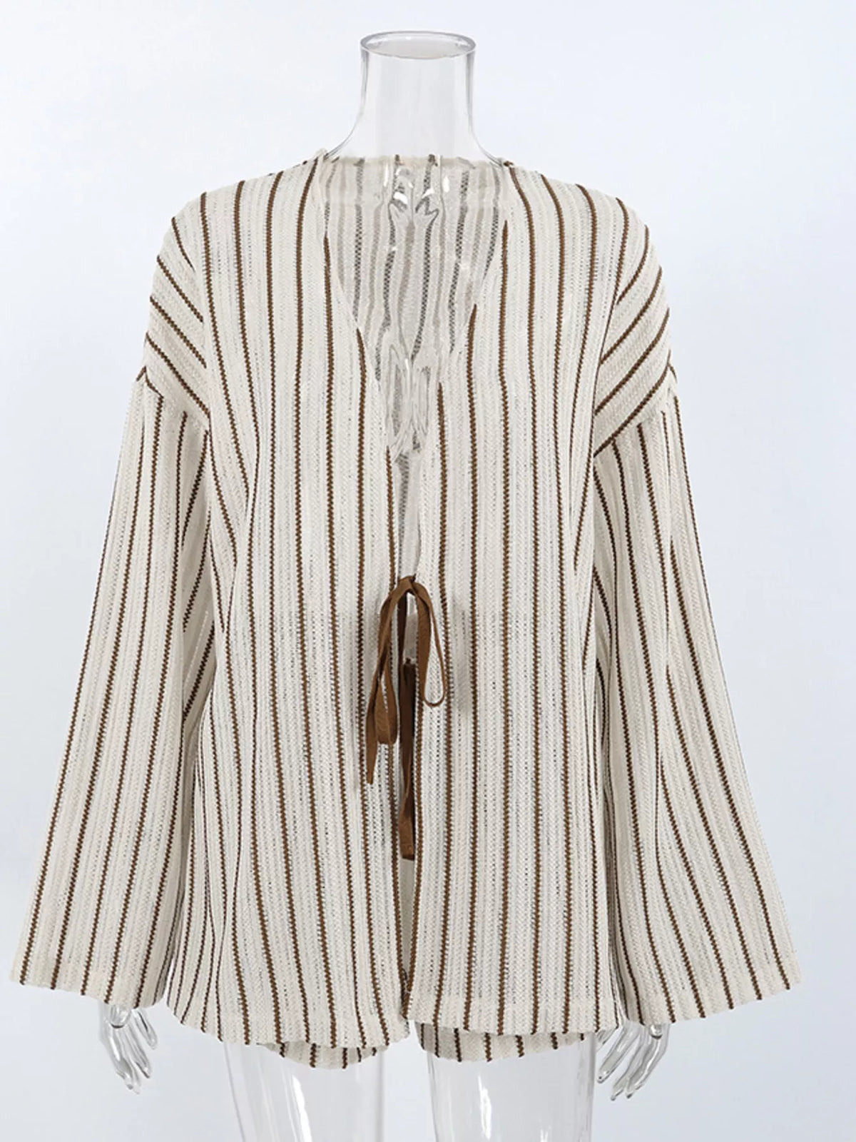 Striped Tie Front Wide Sleeve Top and Drawstring Shorts Two Piece Set 12