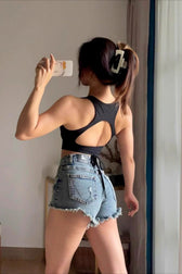 Destroyed High Waist Curve Hem Shorts