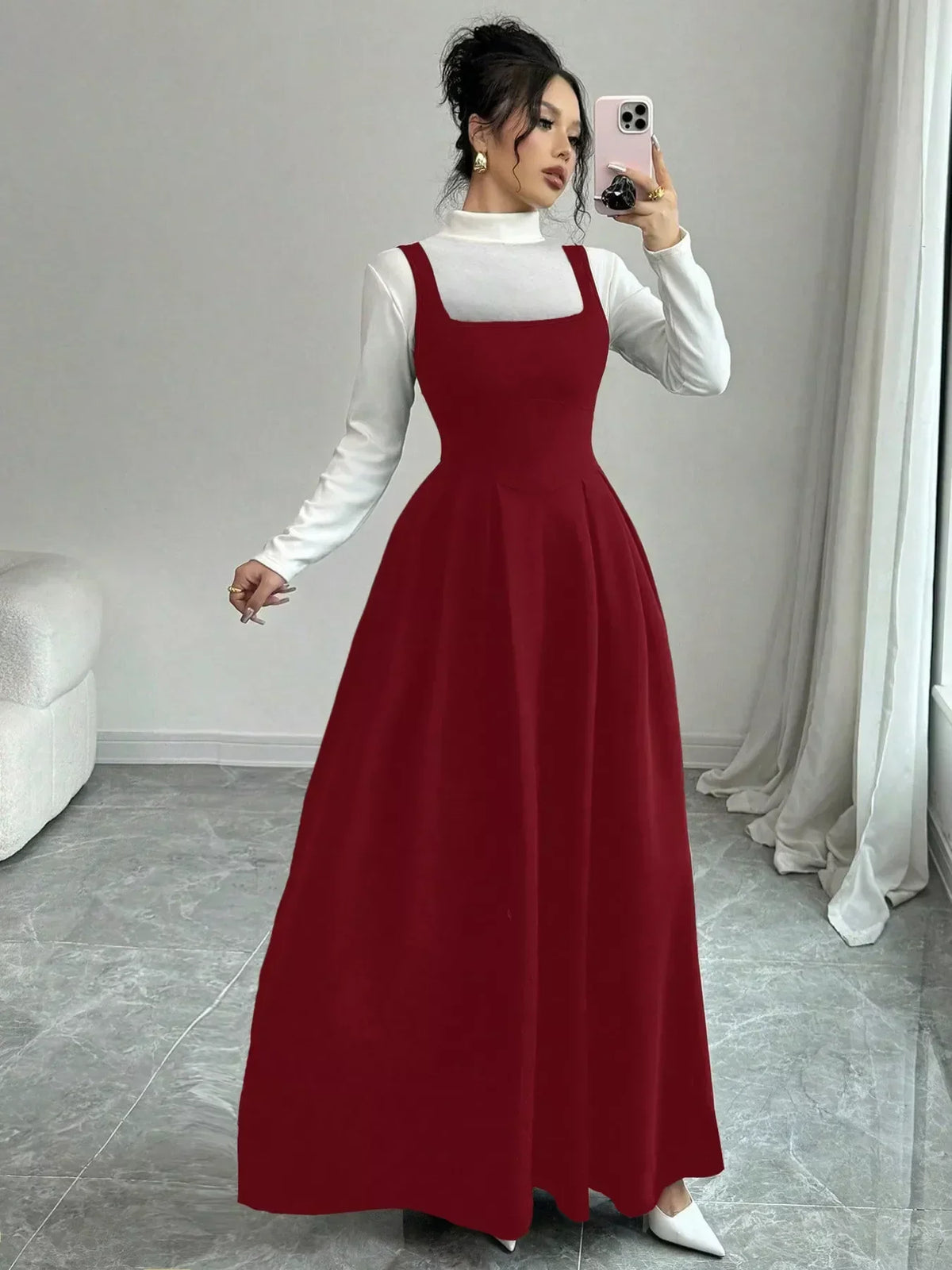 Square Neck Wide Strap Sleeveless Pleated A-Line Maxi Dress with Pockets 4