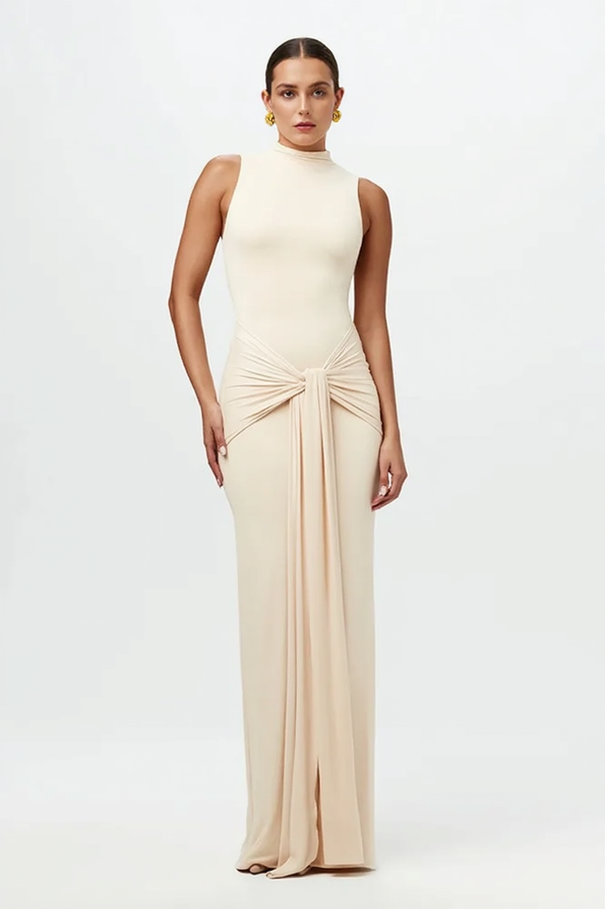 Solid Crew Neck Sleeveless Tie Bodycon Party Dress