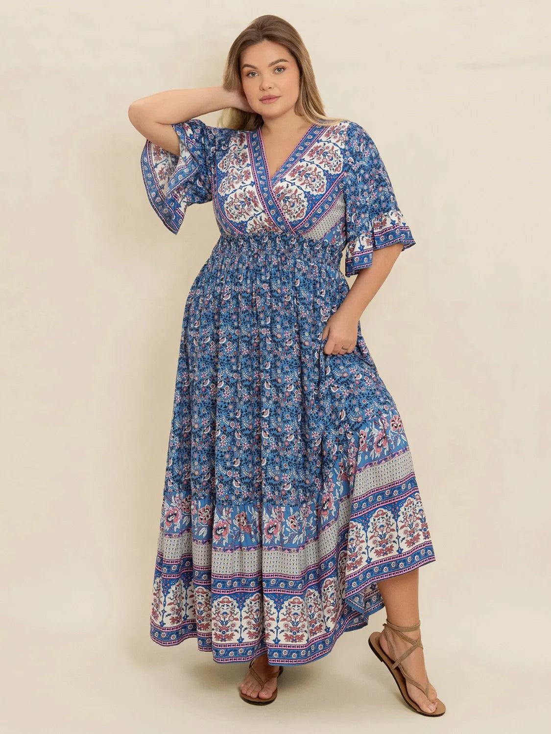 Plus Size Printed Surplice Half Sleeve Dress Dusty Blue