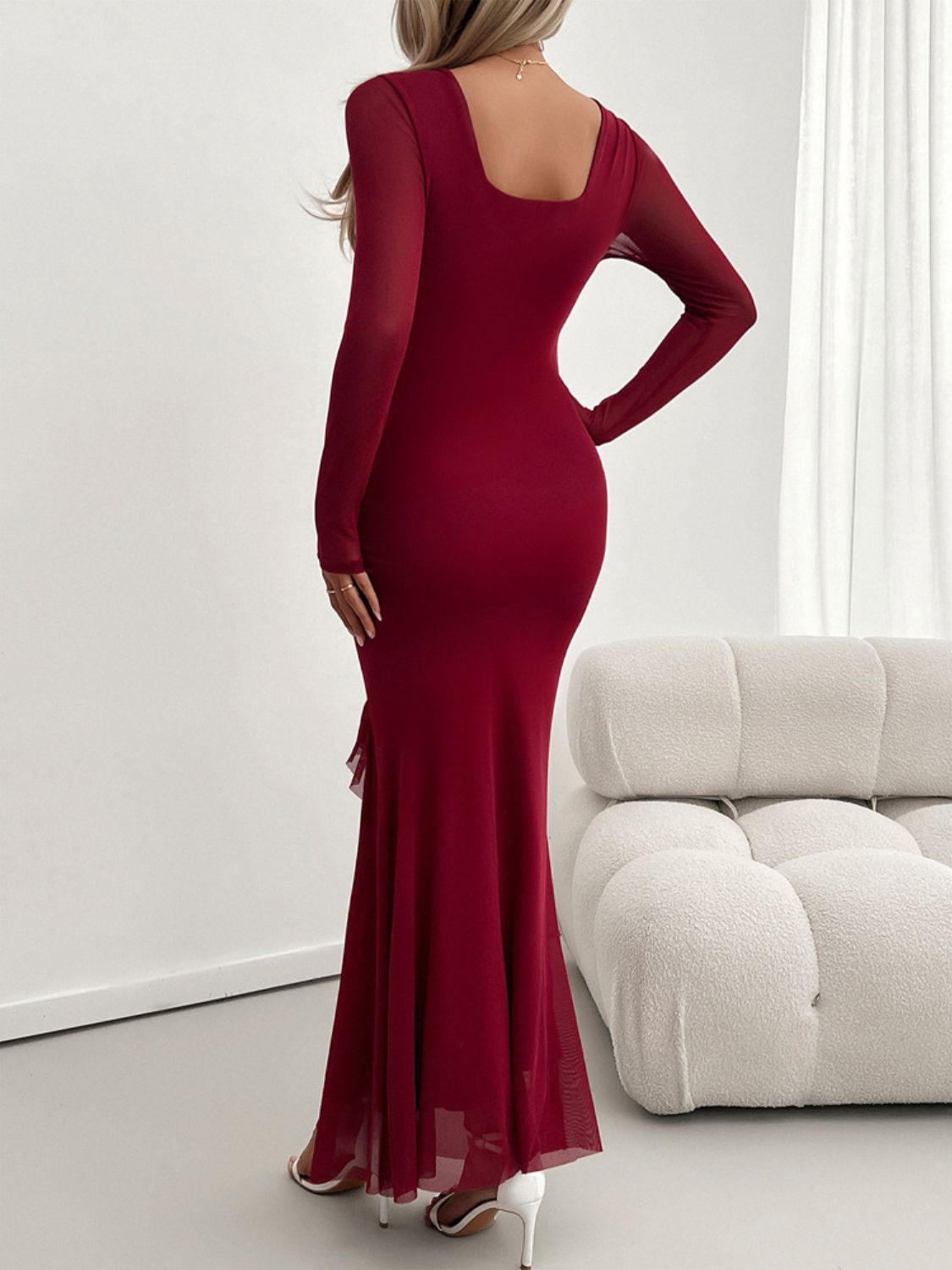 Mesh Surplice V-Neck Long Sleeve Tiered Ruffle Mermaid Maxi Dress 2