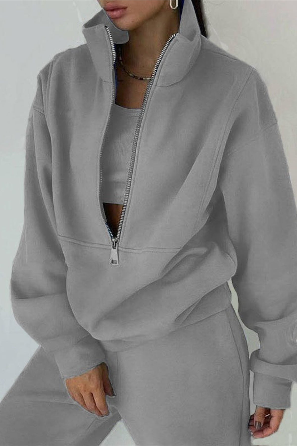 High Collar Half Zip Oversized Fleece Sweatshirt and Joggers Two Piece Set 3