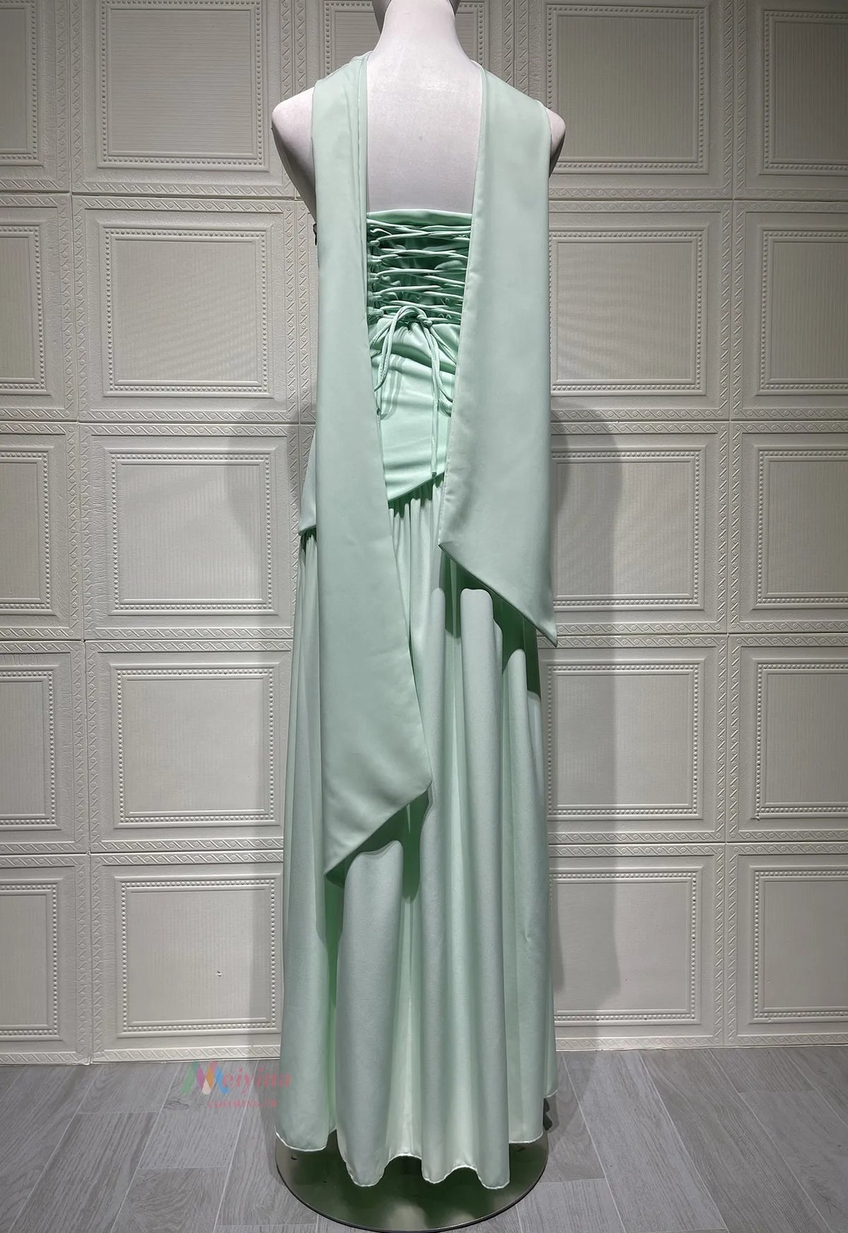 Strapless Asymmetric Drop Waist High Split Maxi Dress with Scarf 38