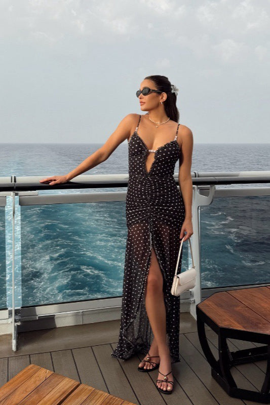 Polka Dot Ruched Lace Mesh Cami Maxi Dress