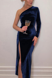 Velvet Sexy Single Sleeve Slimming High Slit Midi Dress - View 7