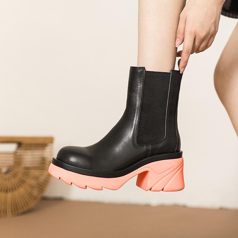 Colorful Sole Leather Chelsea Boots Designer Retro Chunky Riding Boots High Heel Handmade