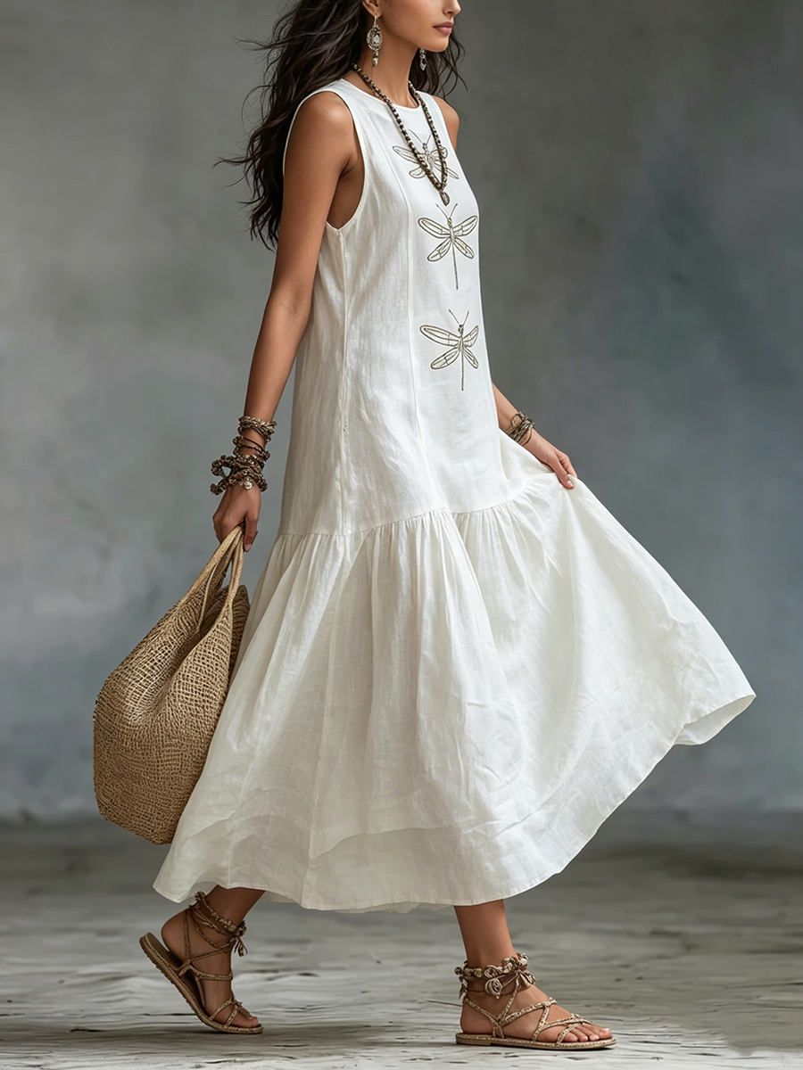 Sleeveless Dragonfly Print Tiered Maxi Dress