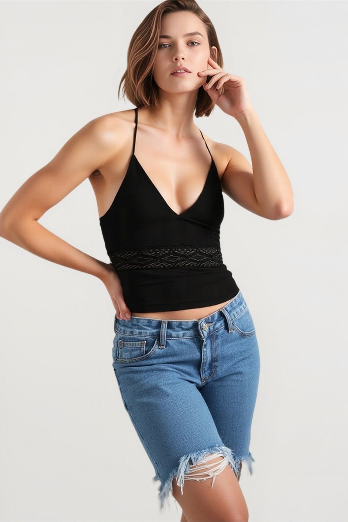 Halter Neck V-Neck Lace Panel Waist Cropped Top 6