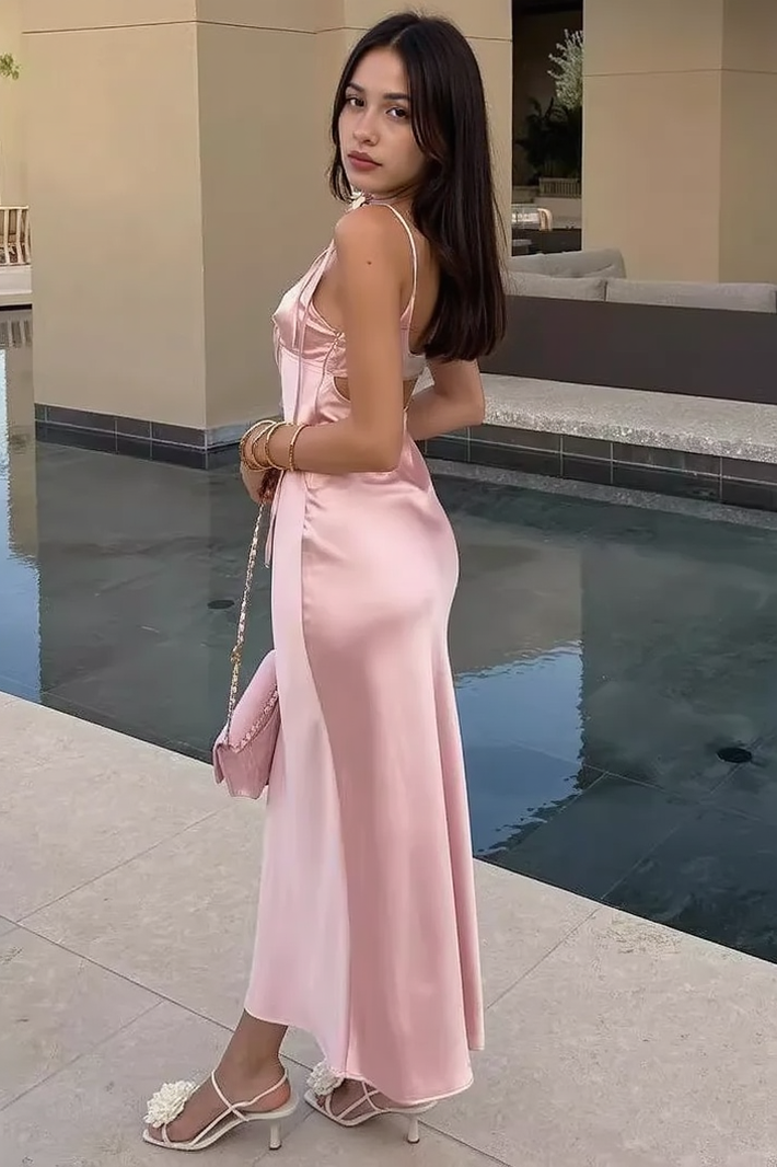 Sexy Deep V Tie Spaghetti Strap Satin Sleeveless Party Dress