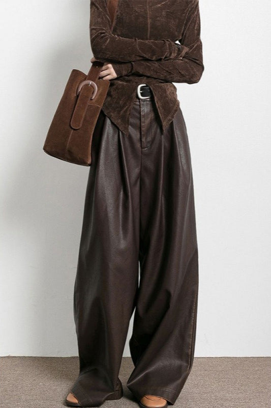 Vintage Brown Fleece Lined PU Pleated Wide Leg Pants