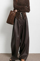 Vintage Brown Fleece Lined PU Pleated Wide Leg Pants