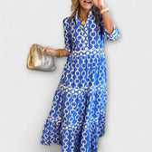 Chain Print Collared Long Sleeve Tiered Midi Dress
