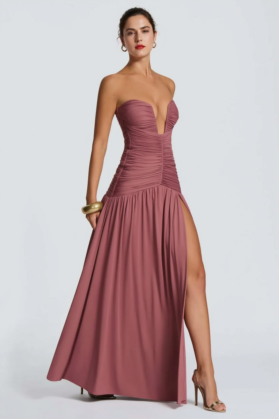 Solid Strapless High Slit Ruched Bodycon Party Dress