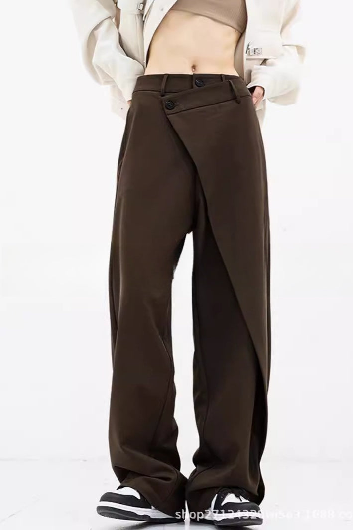 Asymmetric Wrap Front Button Waist Wide Leg Trousers 5