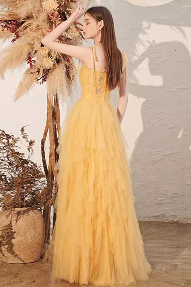 Tulle Spaghetti Strap Square Neck Tiered Ruffle Maxi Prom Dress