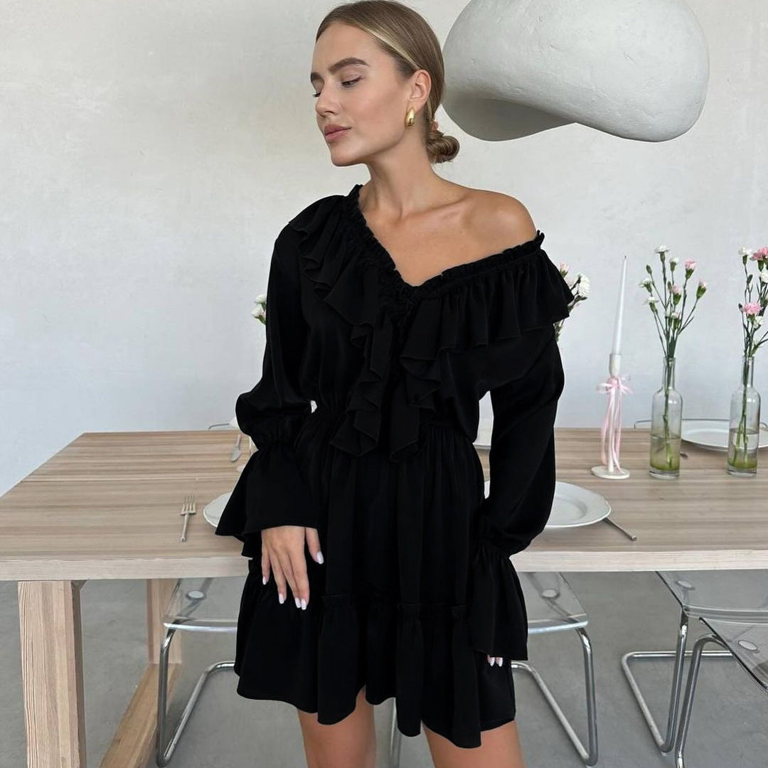 Ruffle Deep V-Neck Flounce Long Sleeve Tiered Mini Dress 17