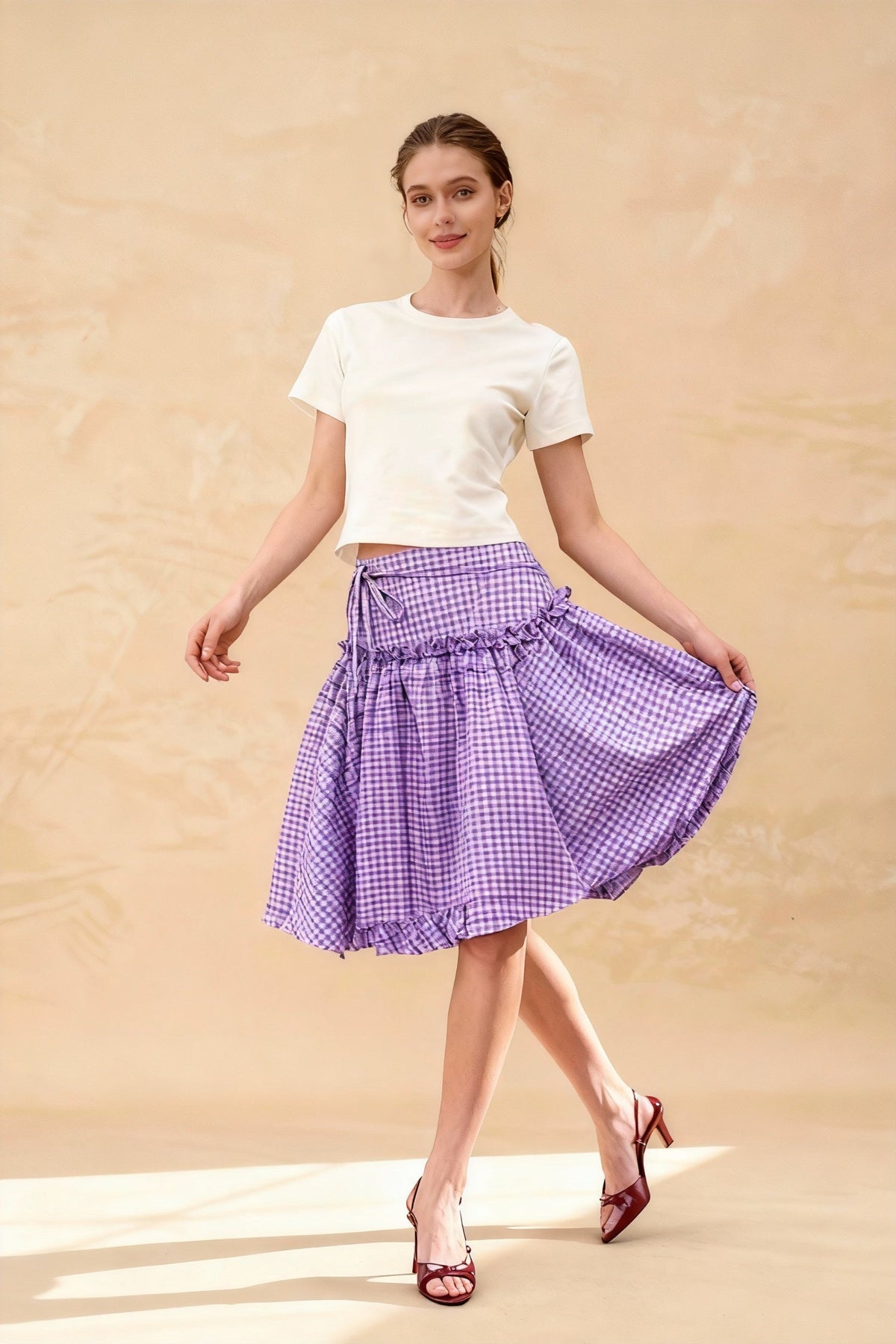 Plaid High Waist Ruffle Trim Tiered A-Line Midi Skirt 4