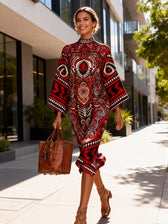 Aztec Print High Neck Long Sleeve Twist Front Midi Dress 3