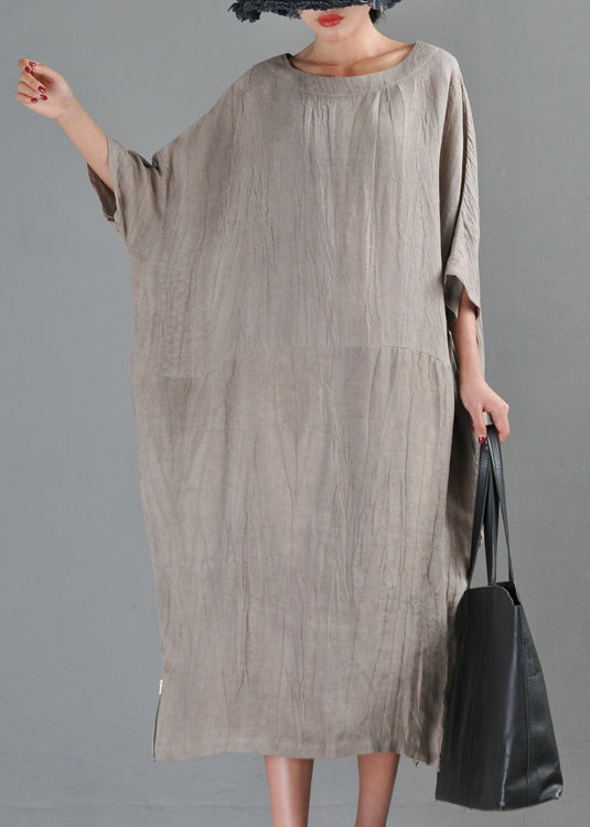 Textured Round Neck Three-Quarter Sleeve Side Zip Hem Oversized Midi Dress