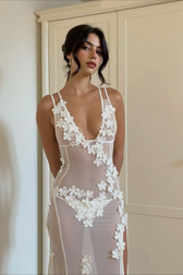 Deep V Mesh Backless 3D Floral Slip Dress
