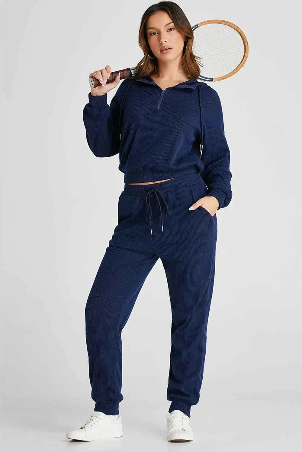 Ribbed Half Zip Cropped Hoodie and Drawstring Joggers Two Piece Set 3