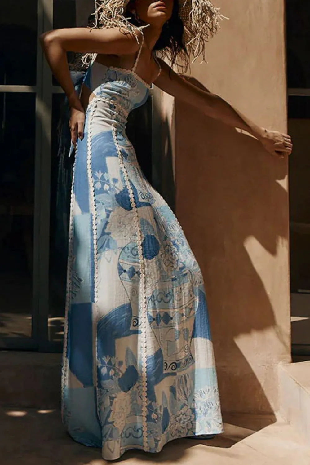Patchwork Print Square Neck Ric Rac Trim Cut Out Back Maxi Dress 4