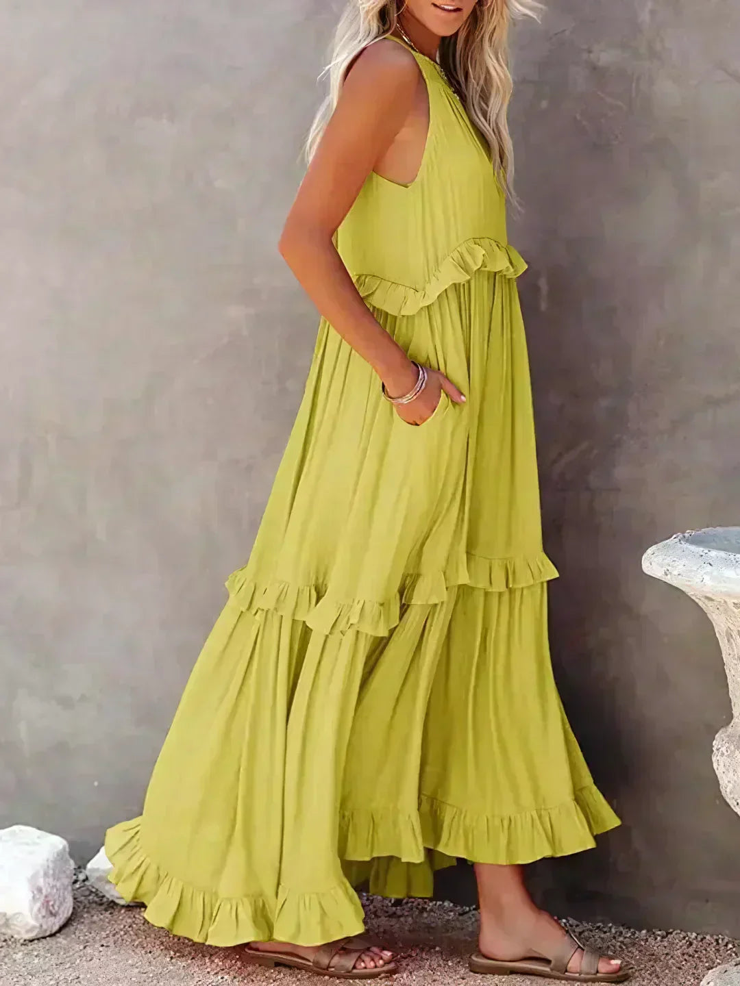 Delilah - Elegant Halter Neck Ruffle Trim Dress Yellow