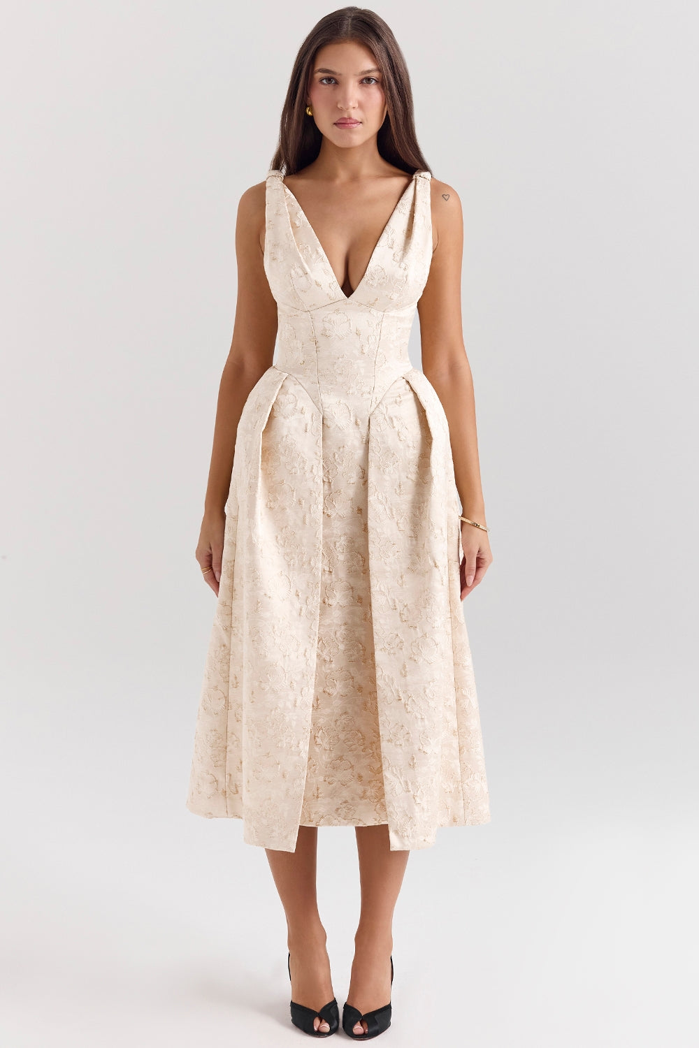 Metallic Floral Jacquard Deep V-Neck Pleated Fit and Flare Midi Dress