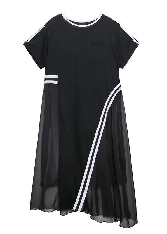 Mesh Overlay Crew Neck Short Sleeve Pocket Diagonal Stripe Midi Dress