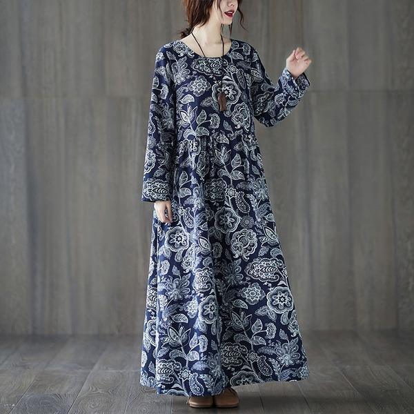 Oversized Women Cotton Linen  Vintage Style Floral Print Loose Comfortable Female Long Dress